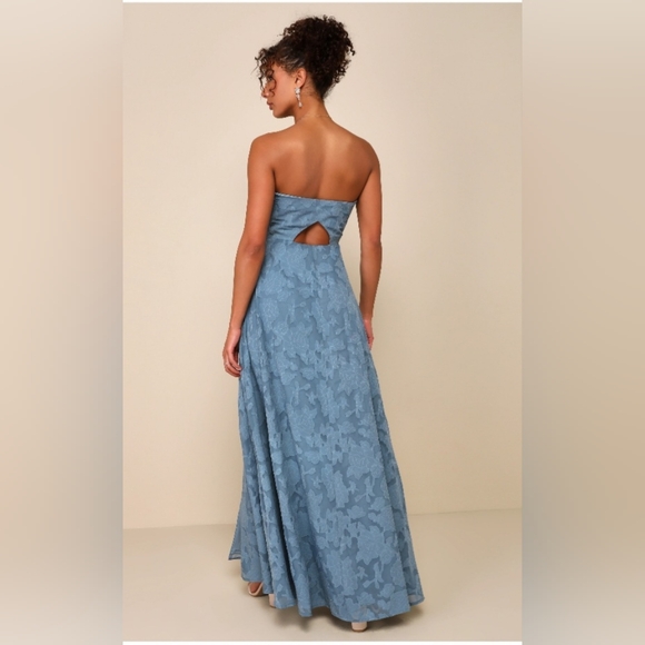 Lulu's Garden of Romance Dusty Blue Floral Burnout Strapless Maxi Dress S - Picture 2 of 4